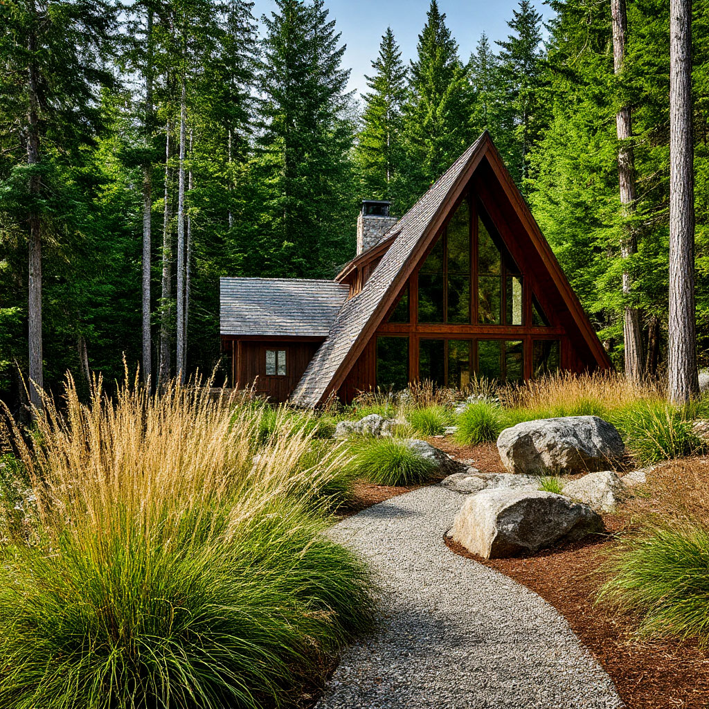 A-frame cabin blending with natural landscape