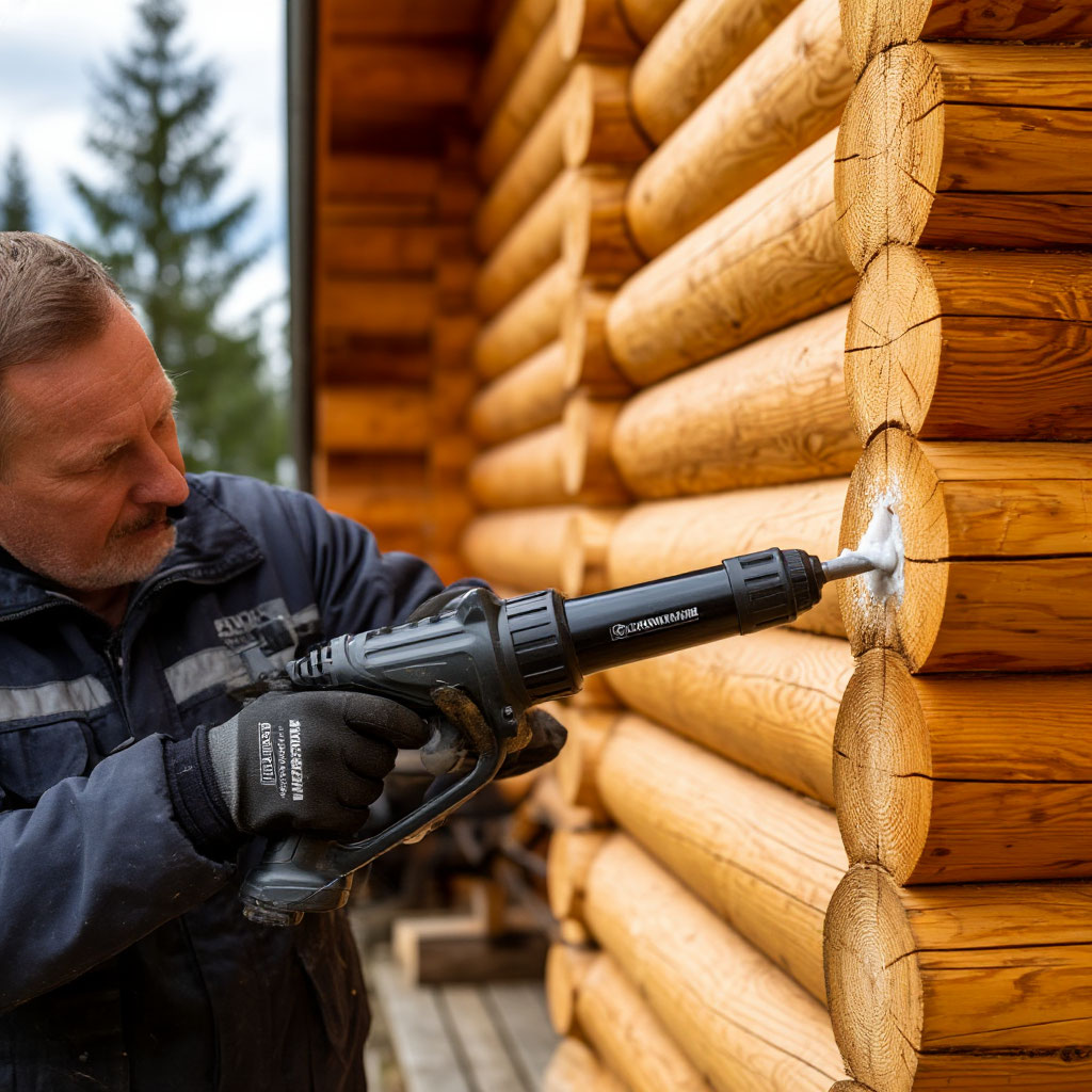 Applying synthetic chinking with caulking gun