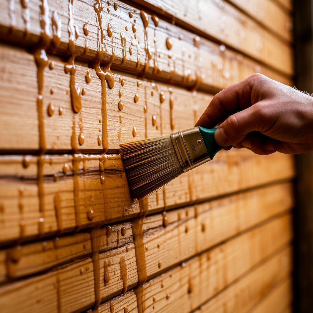 Applying wood treatment to cabin siding