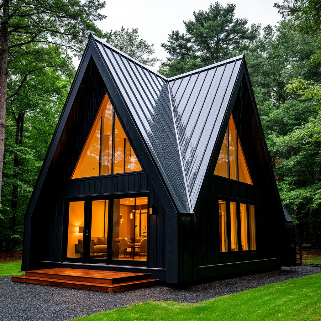 Black A-frame cabin with metal roof in rain