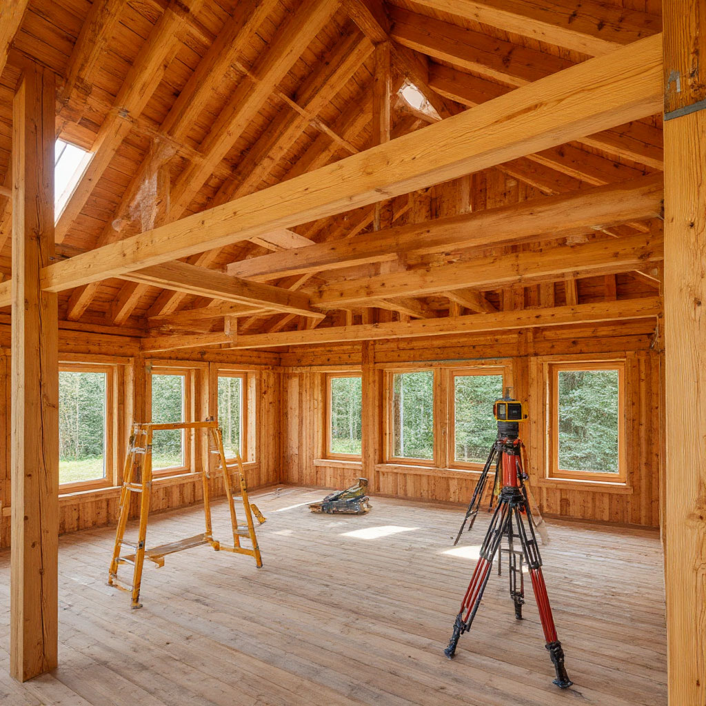 Checking loft frame level during construction