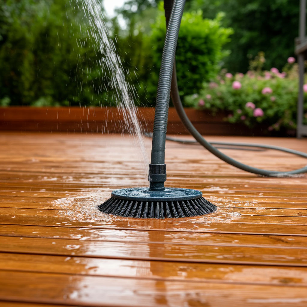 Cleaning a deck with water and brush