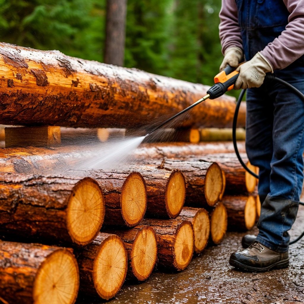 Cleaning logs with a high pressure washer