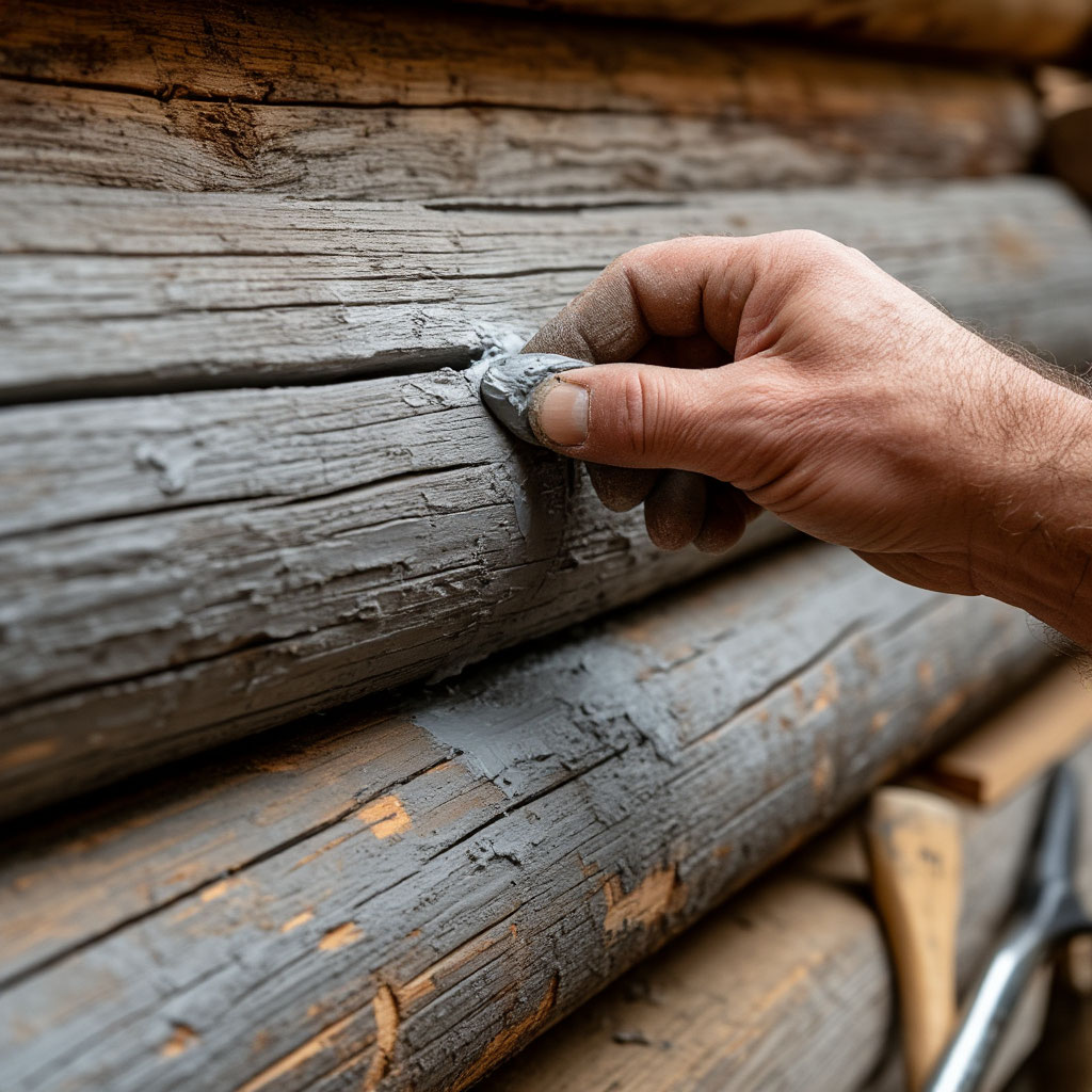 Close-up of chinking application between logs