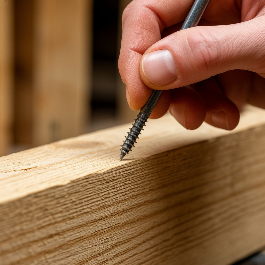 Close-up of securing loft beam with screw