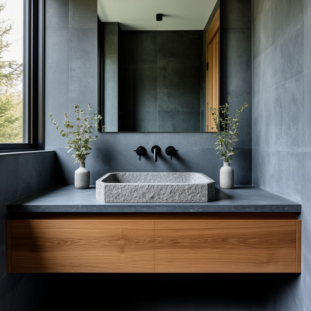 Cool-toned rustic bathroom with natural materials