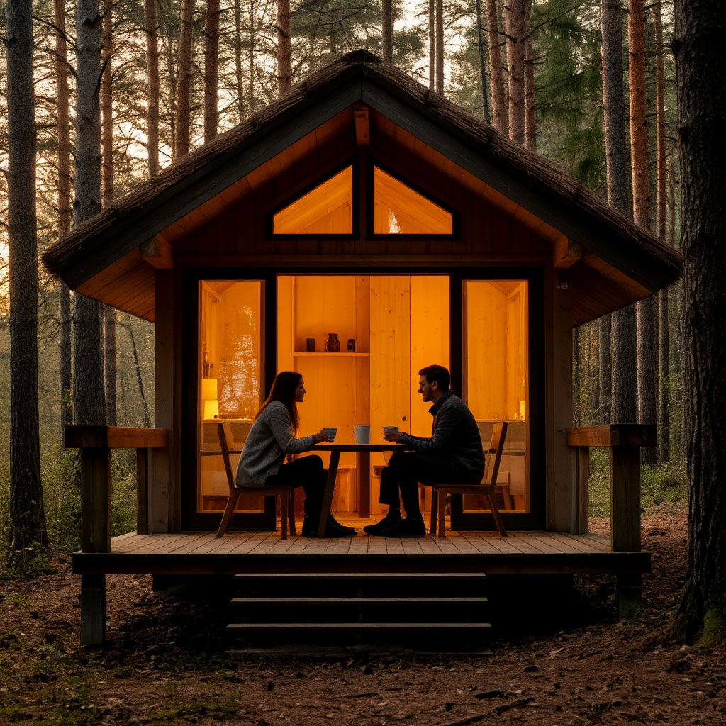 Couple enjoying coffee at a tiny cabin porch
