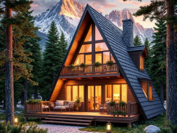 Cozy A-frame cabin in snowy forest with warm lighting