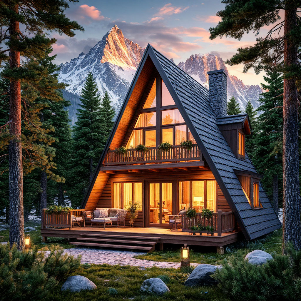Cozy A-frame cabin in snowy forest with warm lighting
