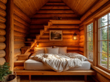 Cozy DIY cabin loft with ladder and warm lighting
