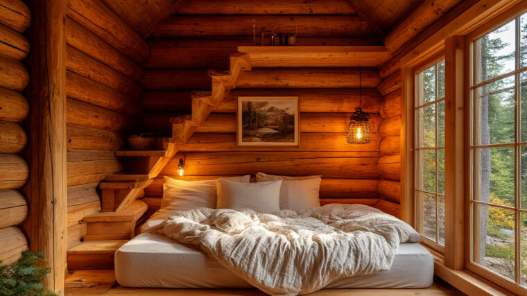 Cozy DIY cabin loft with ladder and warm lighting