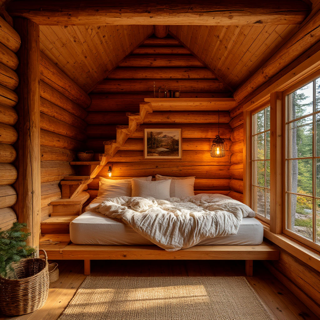 Cozy DIY cabin loft with ladder and warm lighting