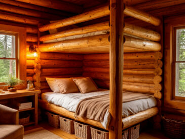 Cozy DIY loft bed in a rustic cabin with storage space
