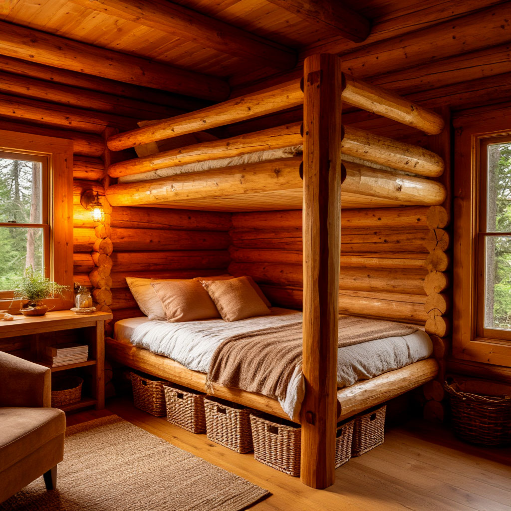 Cozy DIY loft bed in a rustic cabin with storage space