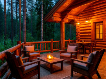 Cozy cabin deck with wooden furniture and evening lights