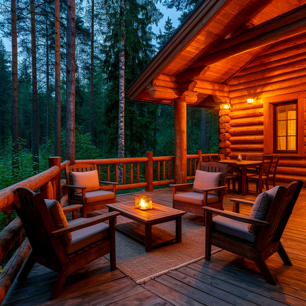 Cozy cabin deck with wooden furniture and evening lights