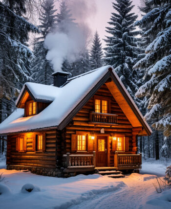 Cozy cabin with wood stove in winter