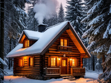 Cozy cabin with wood stove in winter