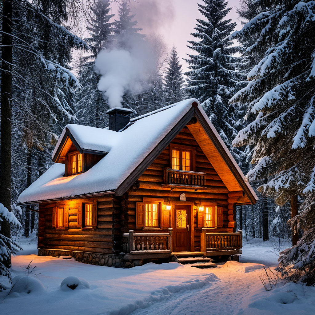 Cozy cabin with wood stove in winter