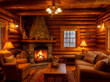 Cozy log cabin interior with wooden walls and fireplace