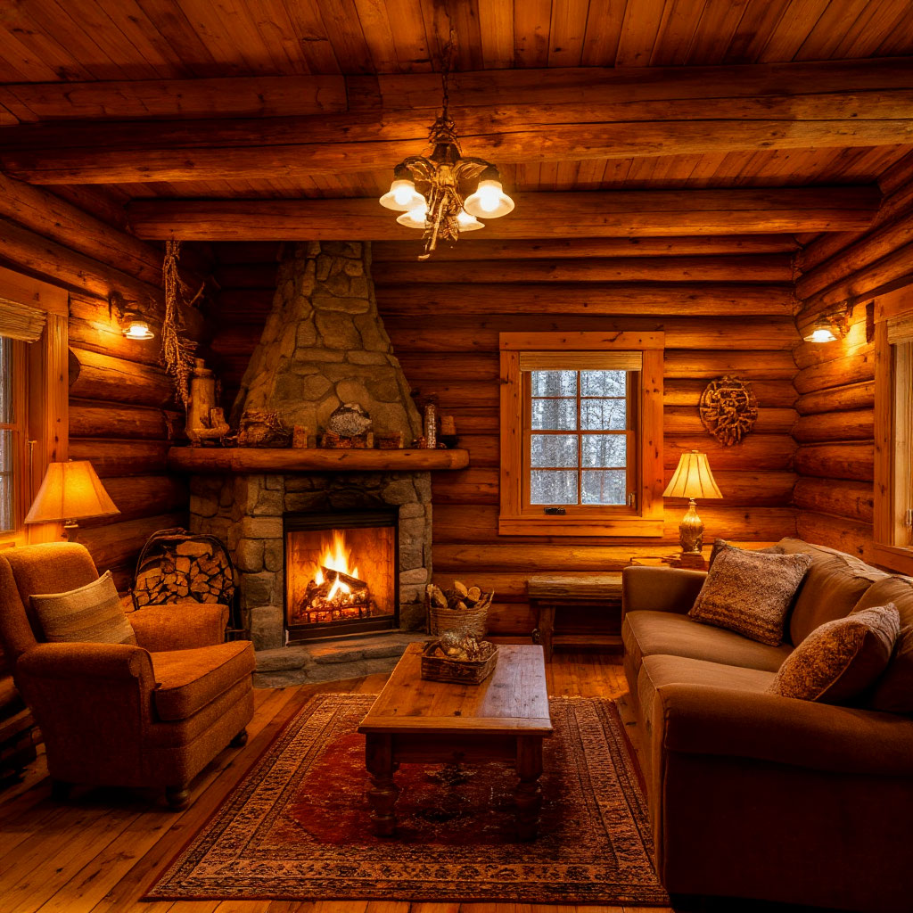 Cozy log cabin interior with wooden walls and fireplace