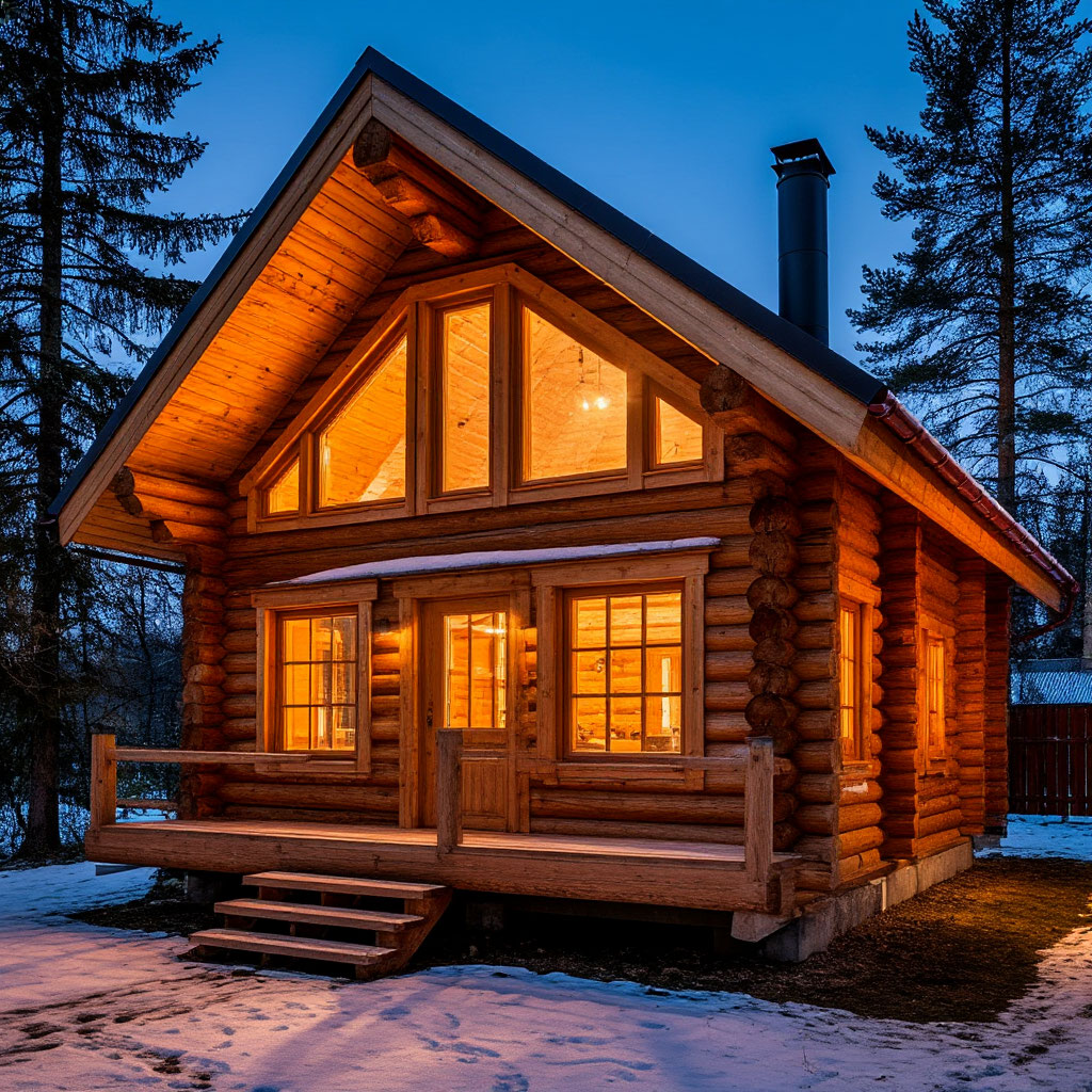 Cozy log cabin with perfect chinking at dusk