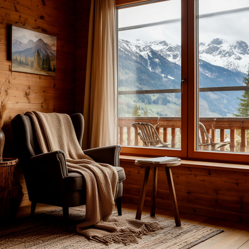 Cozy reading nook in a rustic cabin