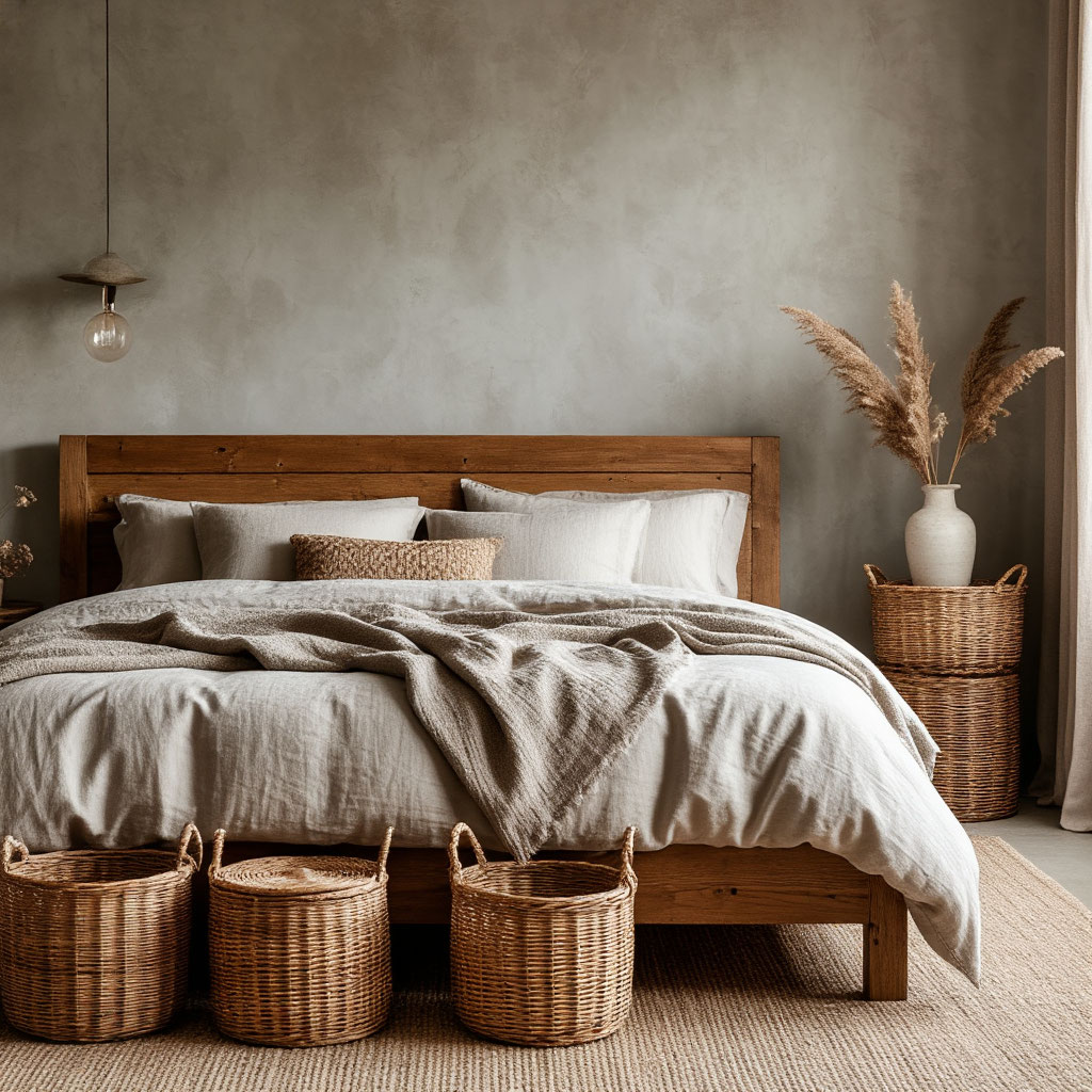 Cozy rustic-modern bedroom with linen bedding