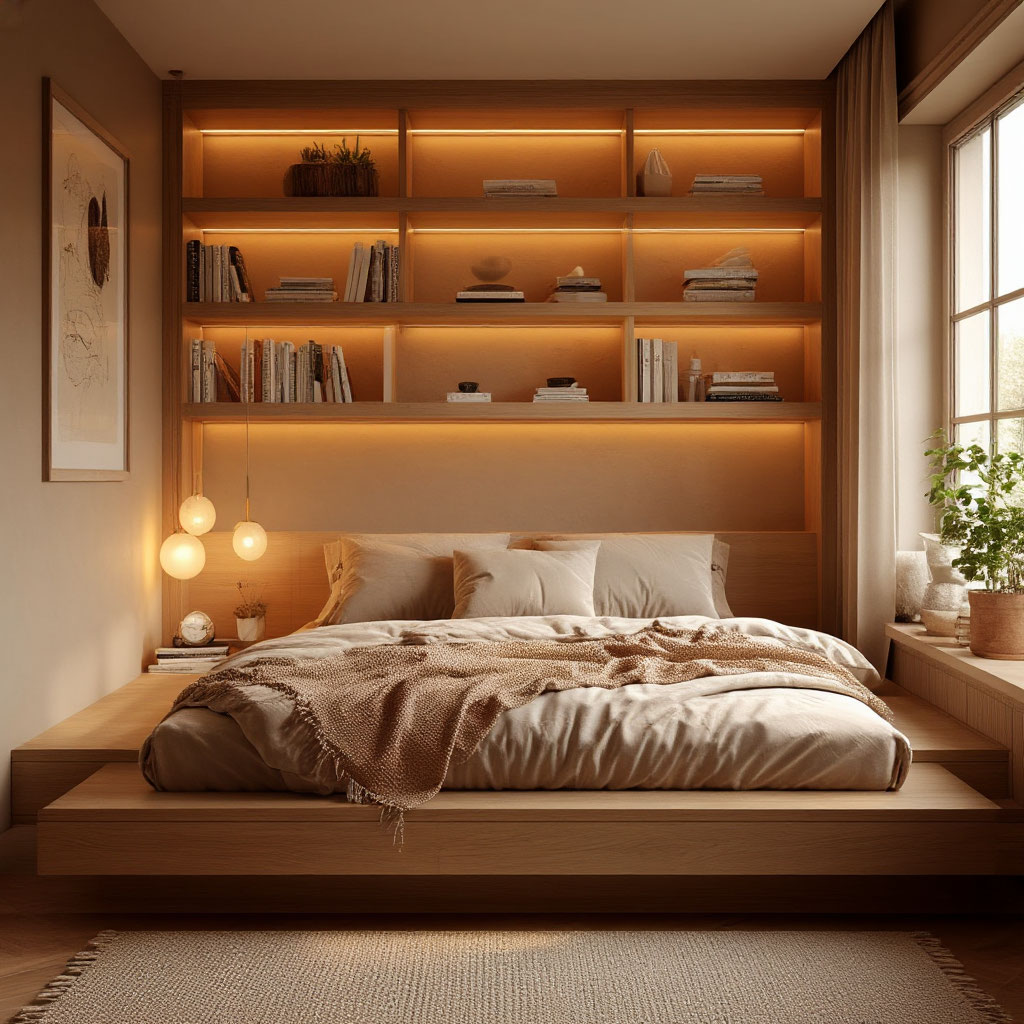 Cozy sleeping nook in tiny cabin