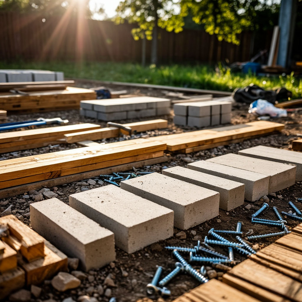 Deck building materials laid out on grass