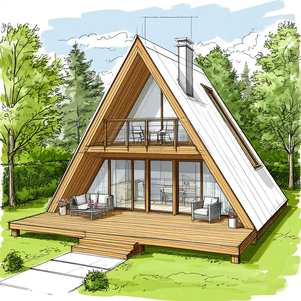 Deck design blueprint for A-frame cabin