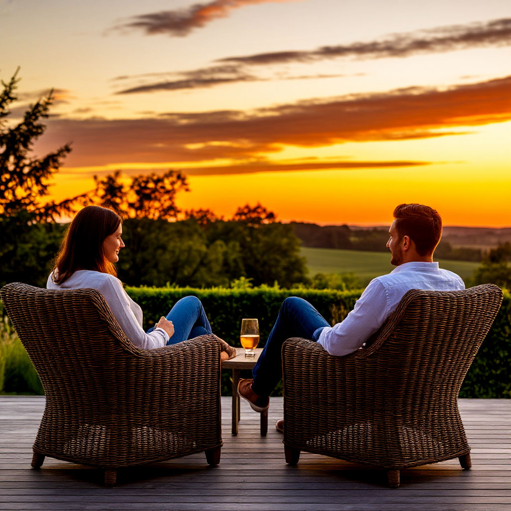 Family enjoying their new cabin deck at sunset