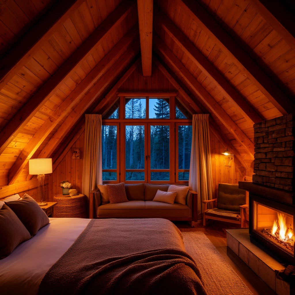 Finished cozy cabin loft with warm lighting and comfortable bedding