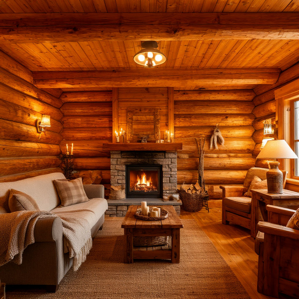 Finished cozy log cabin interior with beautiful wooden walls