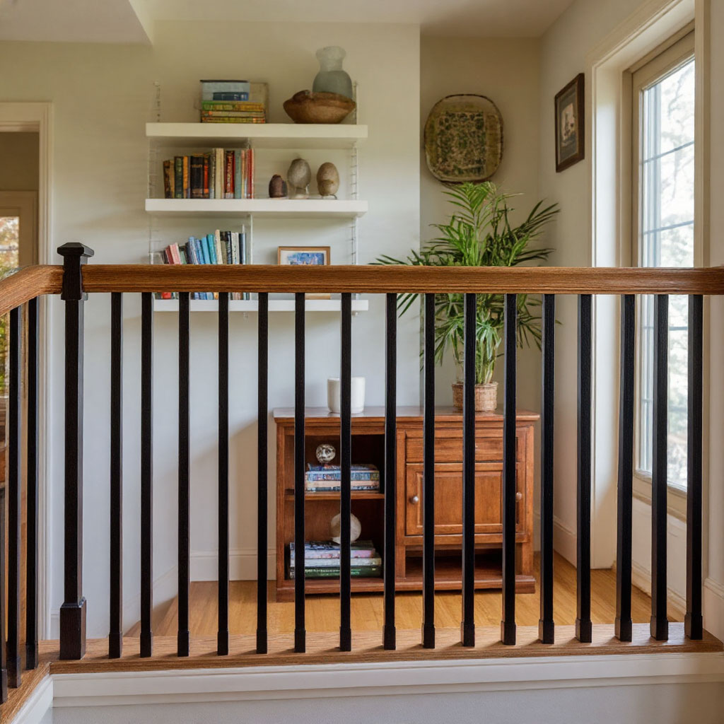 Finished loft railing with wooden balusters