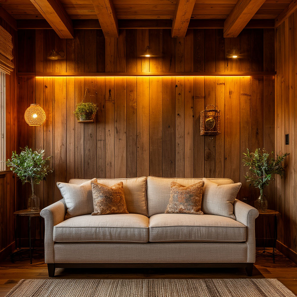 Finished rustic wood wall in cabin