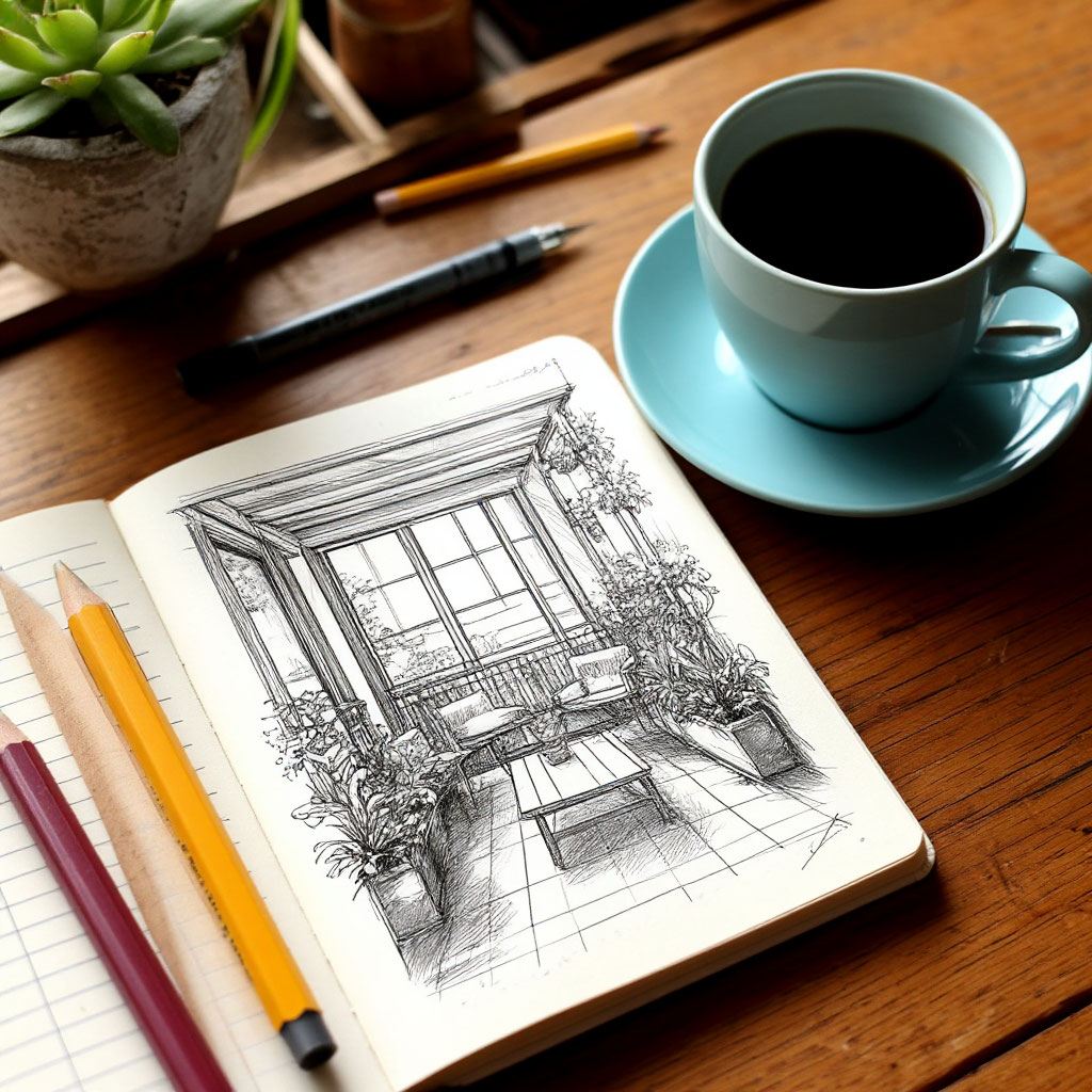 Hand-drawn deck sketch in notebook