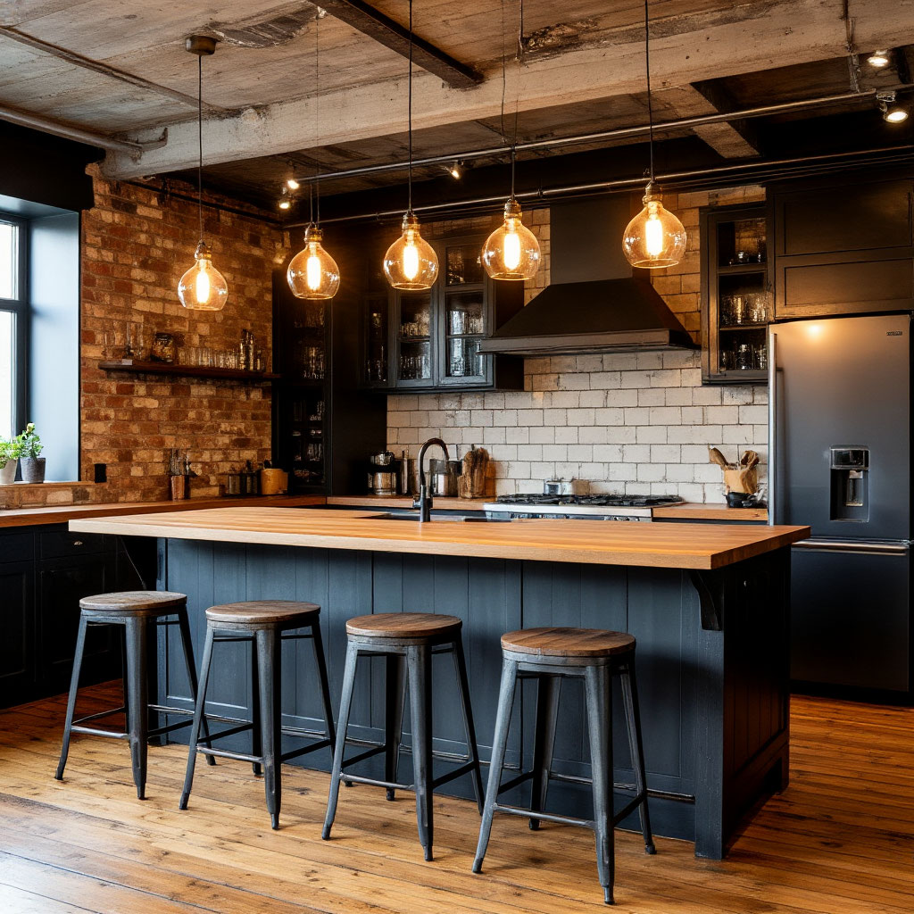 Industrial pendant lights over rustic kitchen island