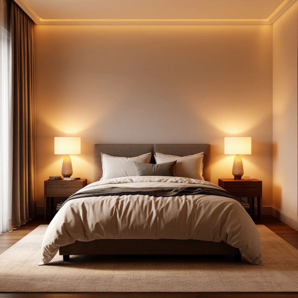 Layered lighting in rustic bedroom