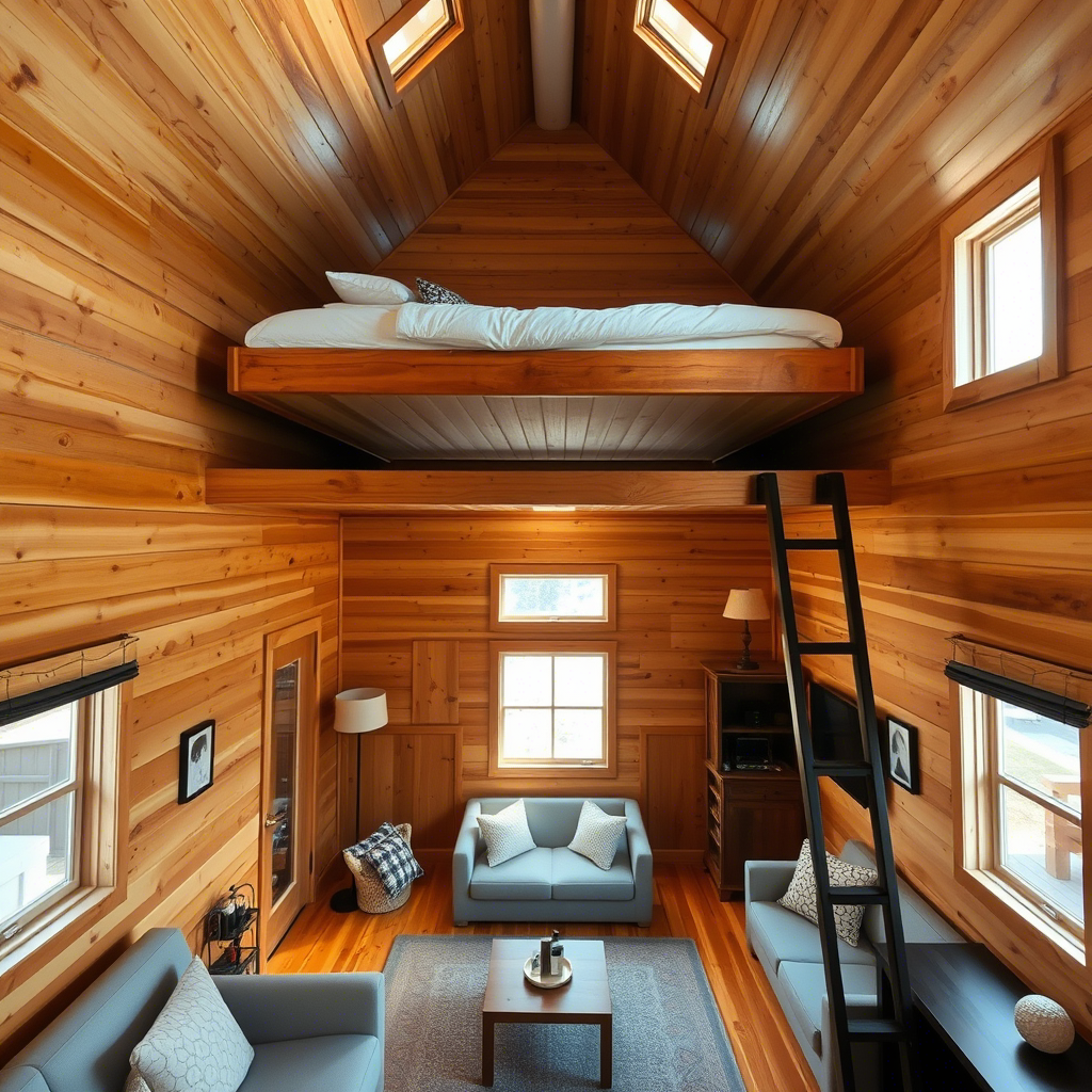 Loft bed freeing floor space in a cozy cabin