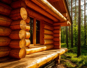 Log cabin with chinking between logs in a forest setting