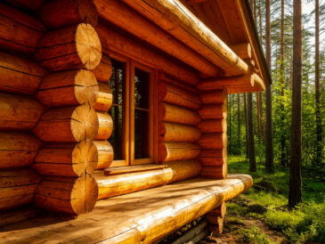 Log cabin with chinking between logs in a forest setting