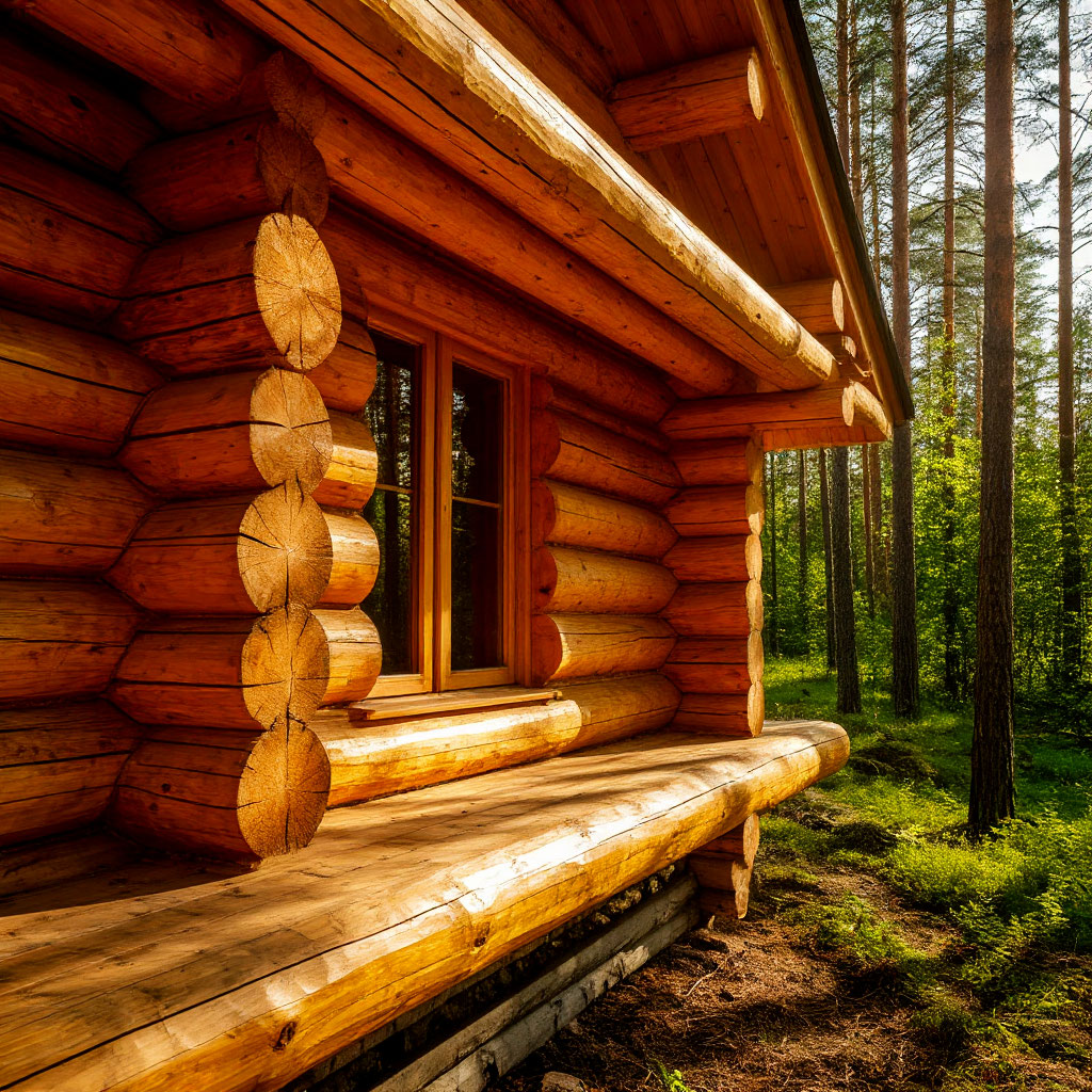 Log cabin with chinking between logs in a forest setting