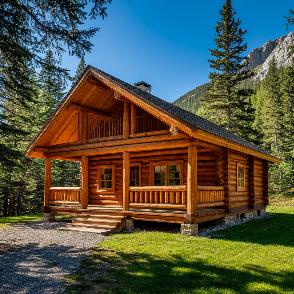 Log cabin with perfectly applied chinking in mountains