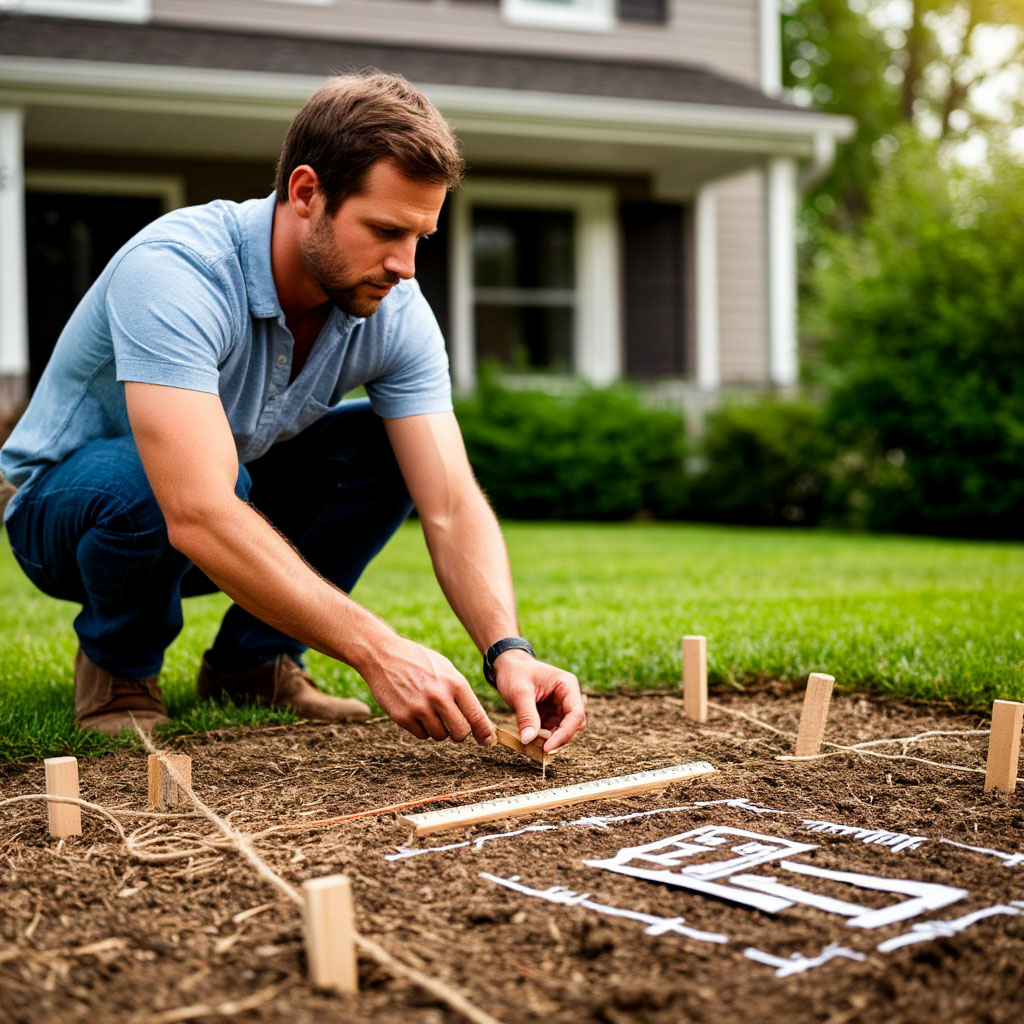 Measuring deck area with tape and stakes