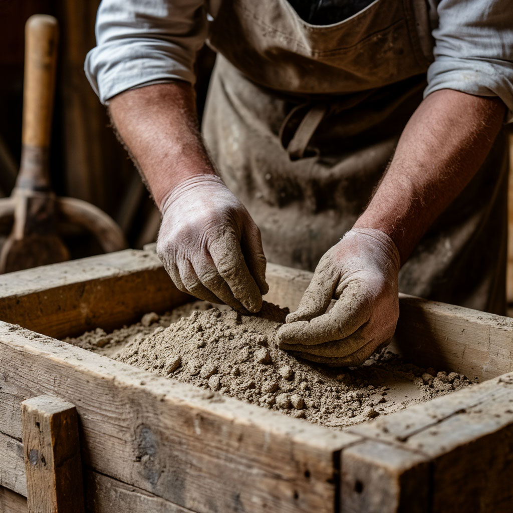 Mixing traditional chinking mortar in wooden trough
