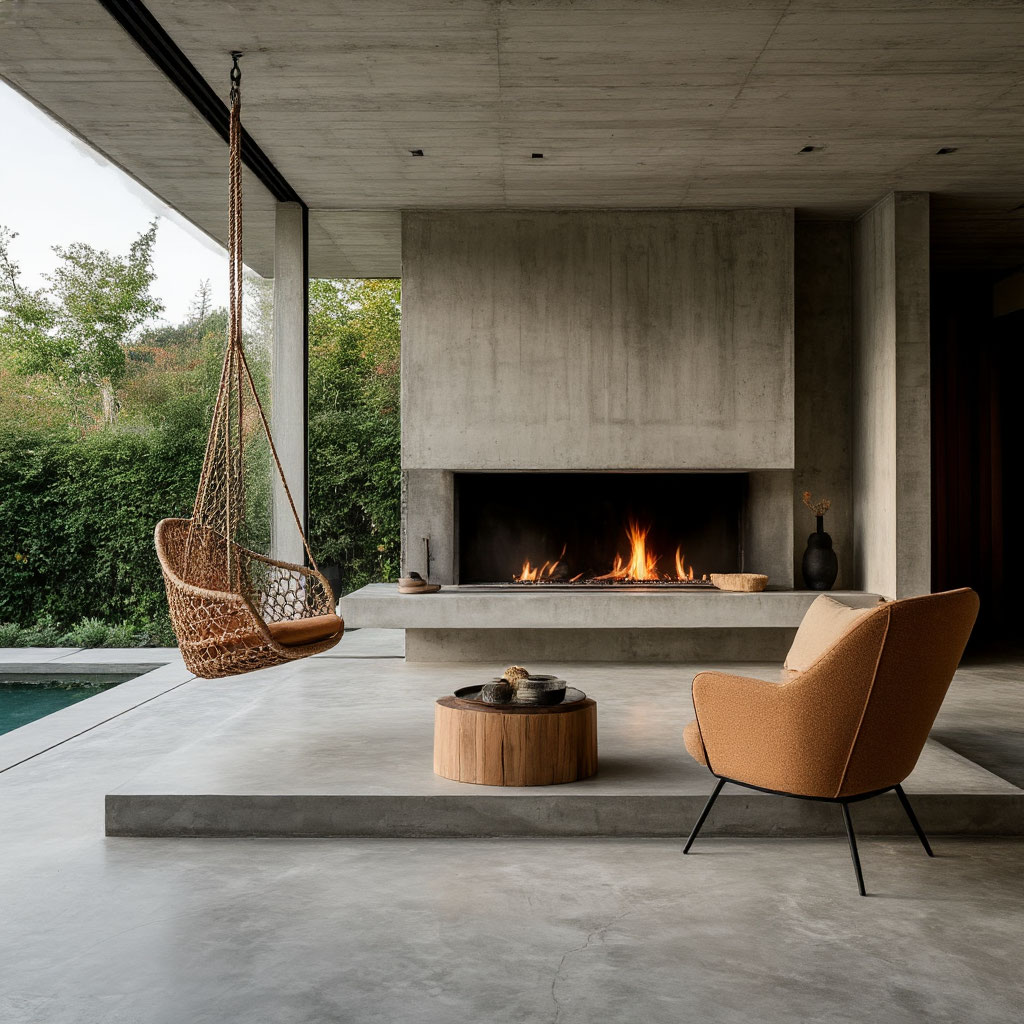 Modern A-frame cabin deck with hanging chairs