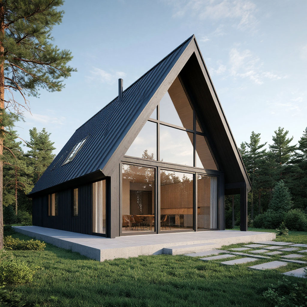 Modern A-frame cabin with floor-to-ceiling windows