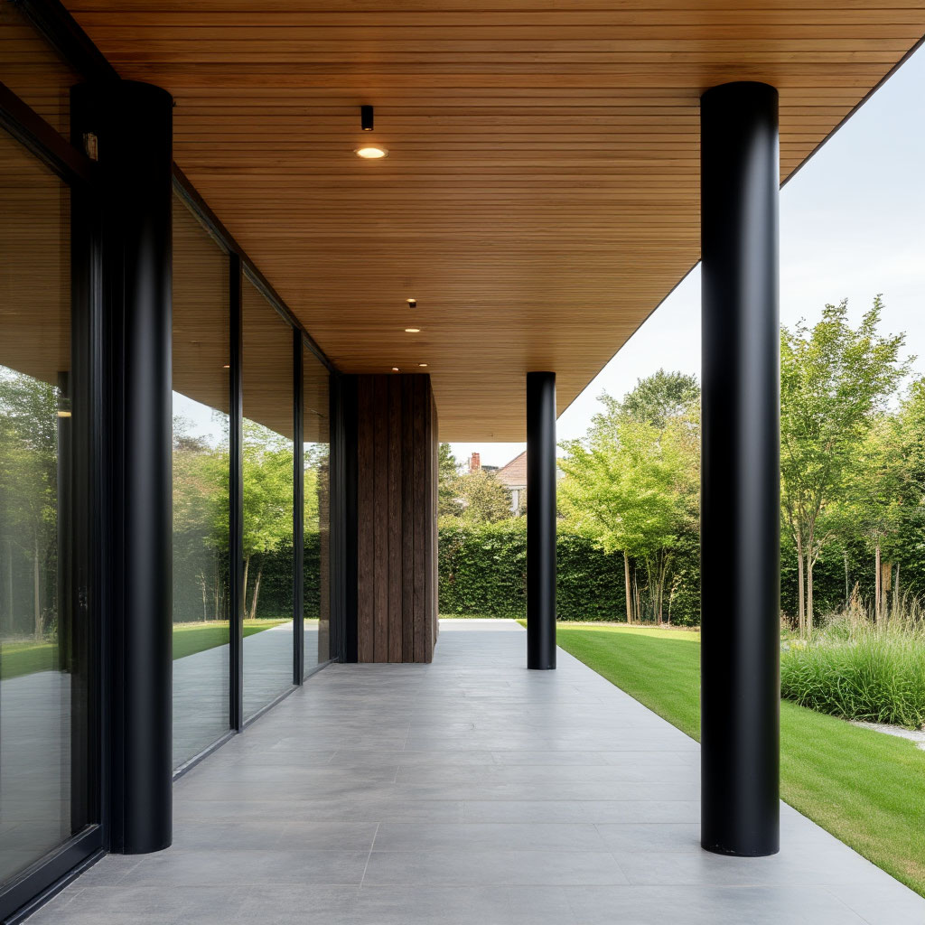 Modern pathway lights at A-frame entrance