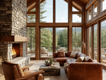 Modern rustic cabin interior with stone fireplace and wooden beams